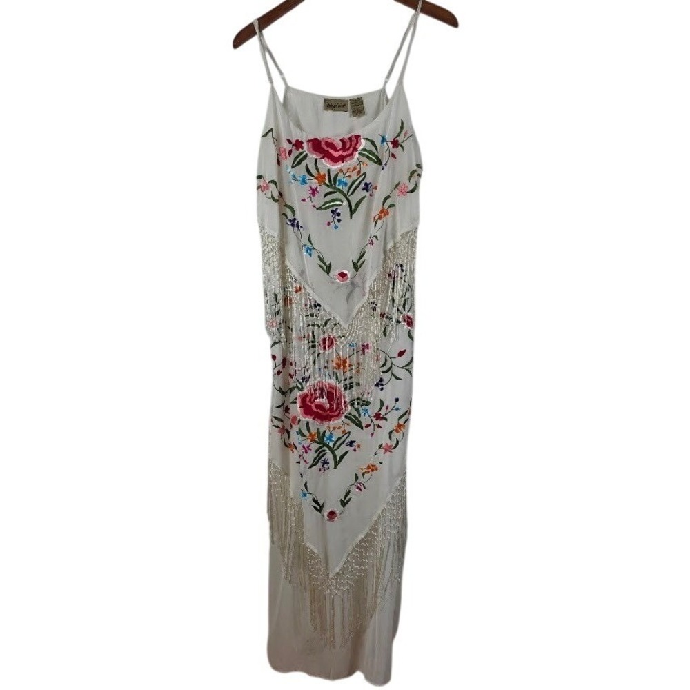 Midnight Velvet Maxi Dress Womens XL White Floral Embroidered Fringe Boho Gypsy
